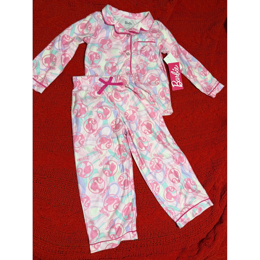 Barbie Girls Pink Logo Silhouette Pajama Set Button Down Pants 2pc NWT Size 4T